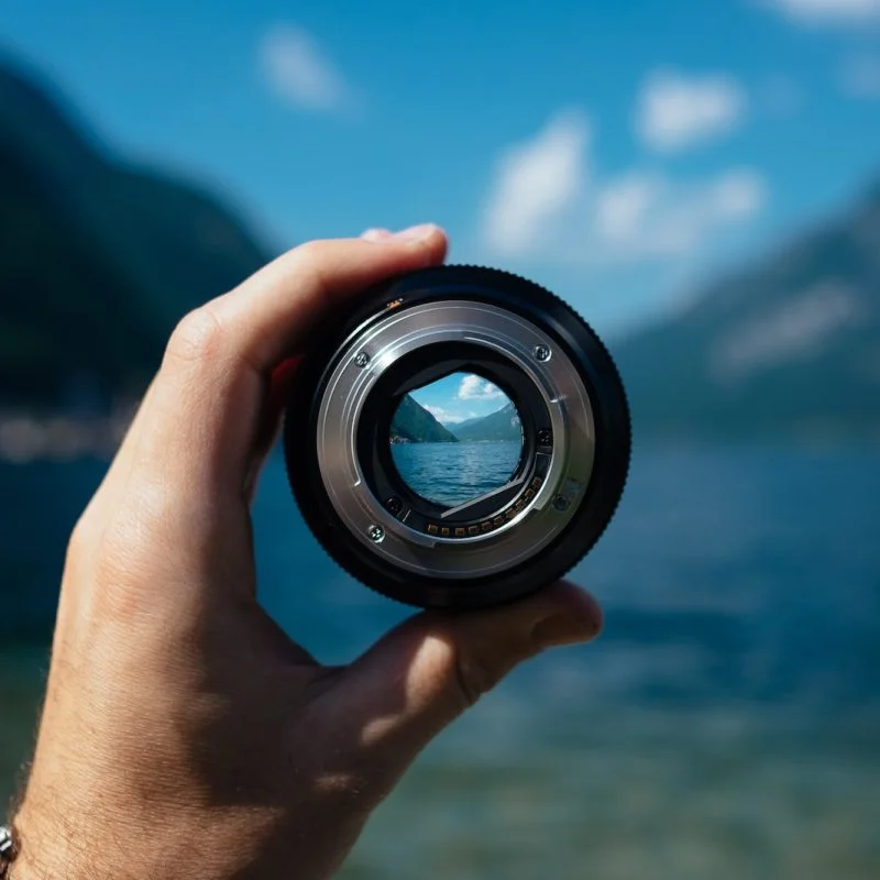 person holding camera lens